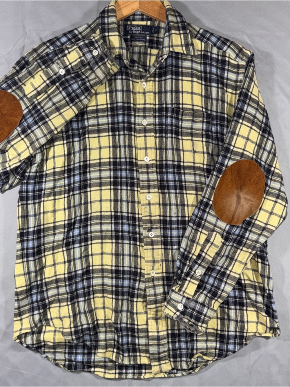Polo Ralph Lauren Shirt Mens Large Yellow Cashmere Flannel Elbow Patches